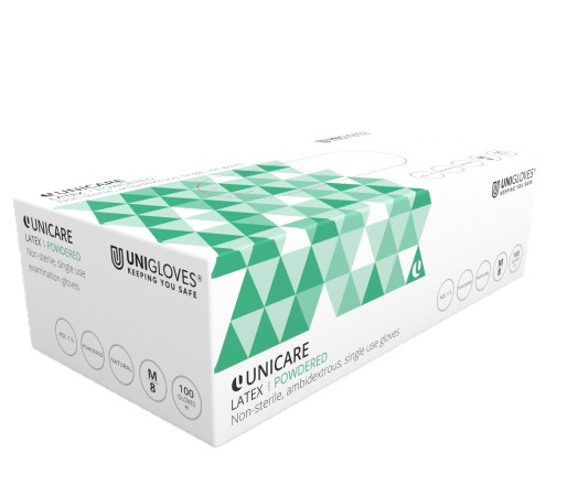 Luvas descartáveis latéx com pó Unicare (Ref. LNID0GS002) - Equipamento de Proteção Individual JCR
